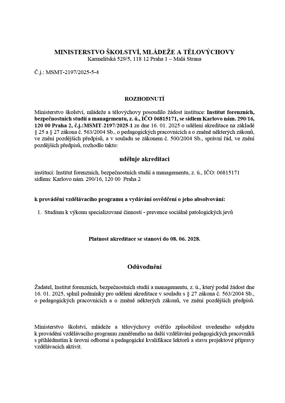 Rozhodnutí o udělení akreditace - strana 1