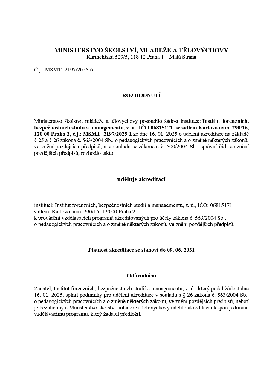 Rozhodnutí o udělení akreditace - strana 1