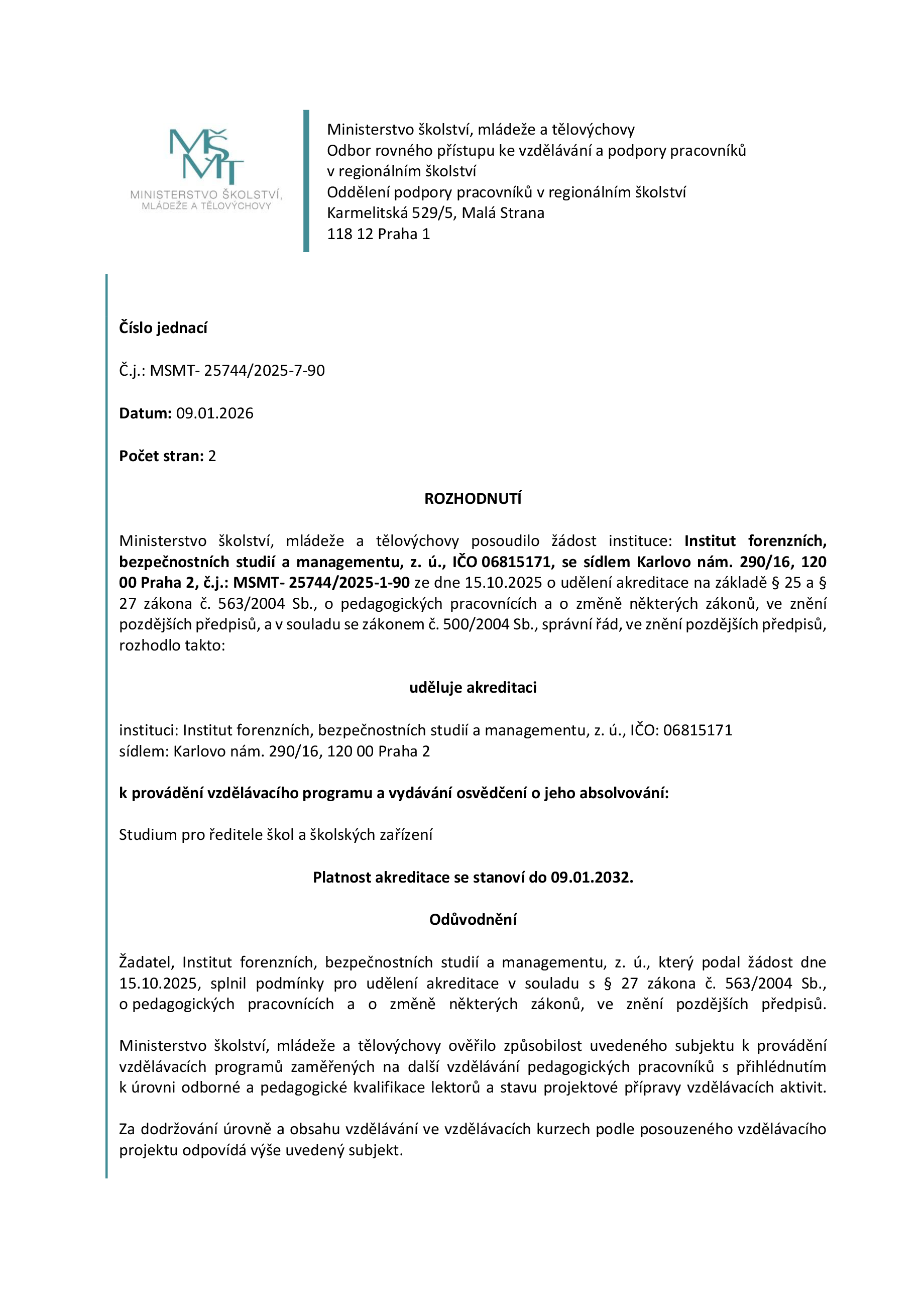 Rozhodnutí o udělení akreditace - strana 1